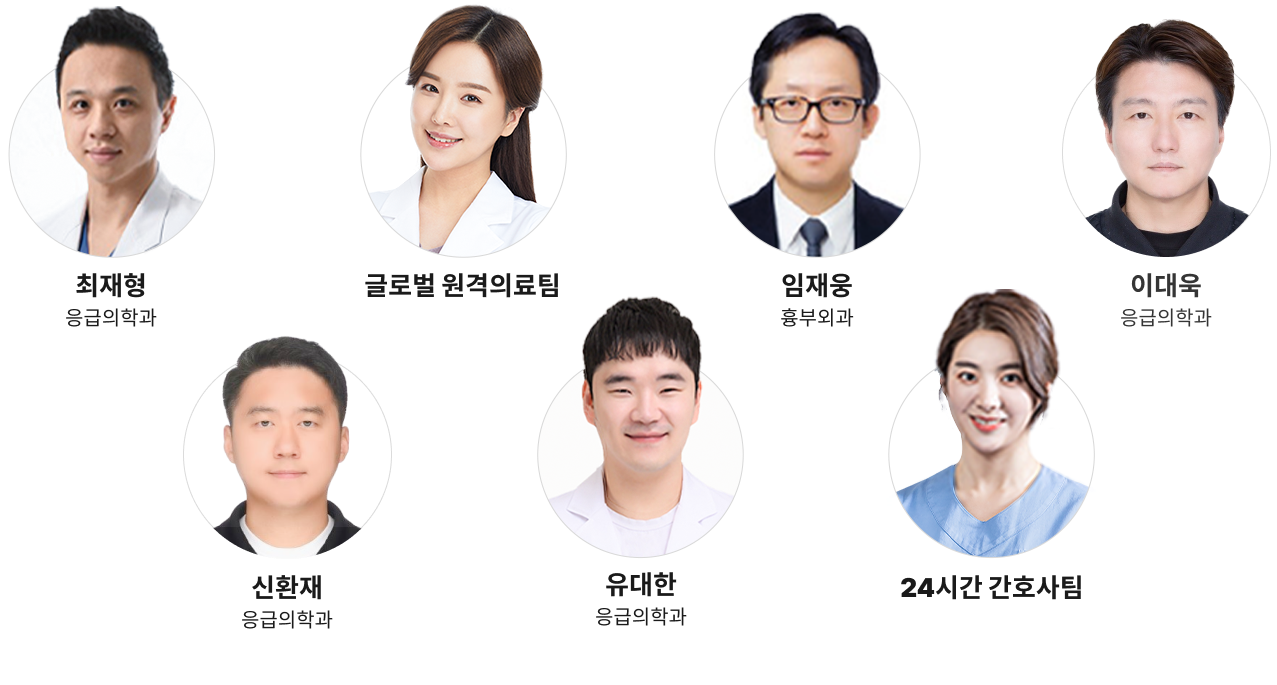 최재형-응급의학과, 이현지-가정의학과, 오혜미-가정의학과, 김혜란-응급의학과, 김우성-응급의학과, 유대한-응급의학과, 24시간 간호사팀