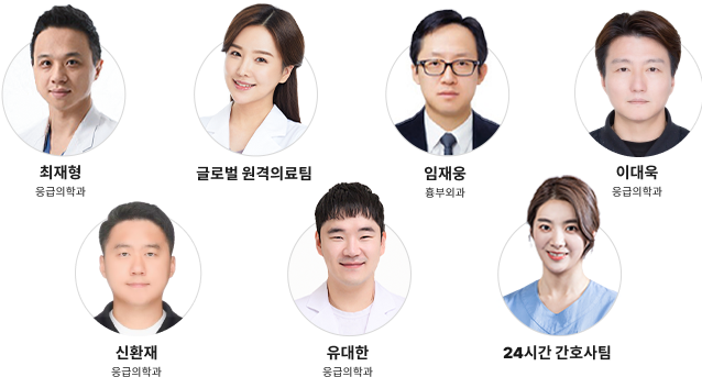 최재형-응급의학과, 이현지-가정의학과, 오혜미-가정의학과, 김혜란-응급의학과, 김우성-응급의학과, 유대한-응급의학과, 24시간 간호사팀